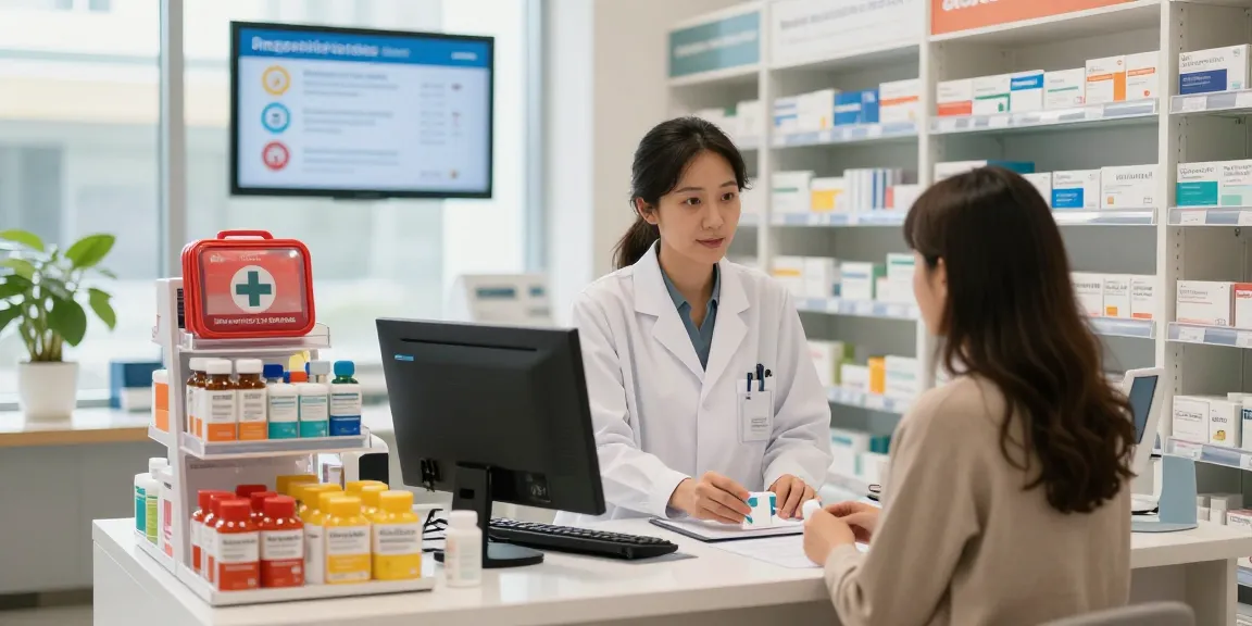 Pharmacist assisting a customer with medicine supplies in a modern pharmacy