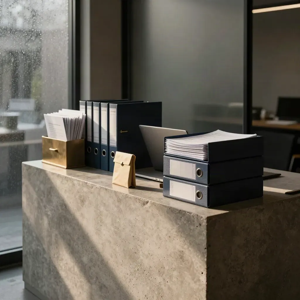 Moody HR consulting office alcove with binders, laptop and file trays in dawn light.