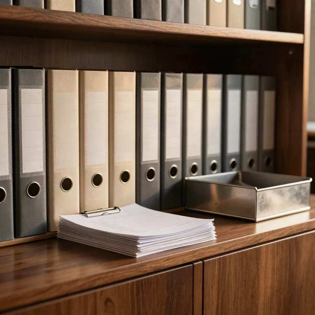 Tabbed HR audit binders and face-down forms on a credenza in warm office light.
