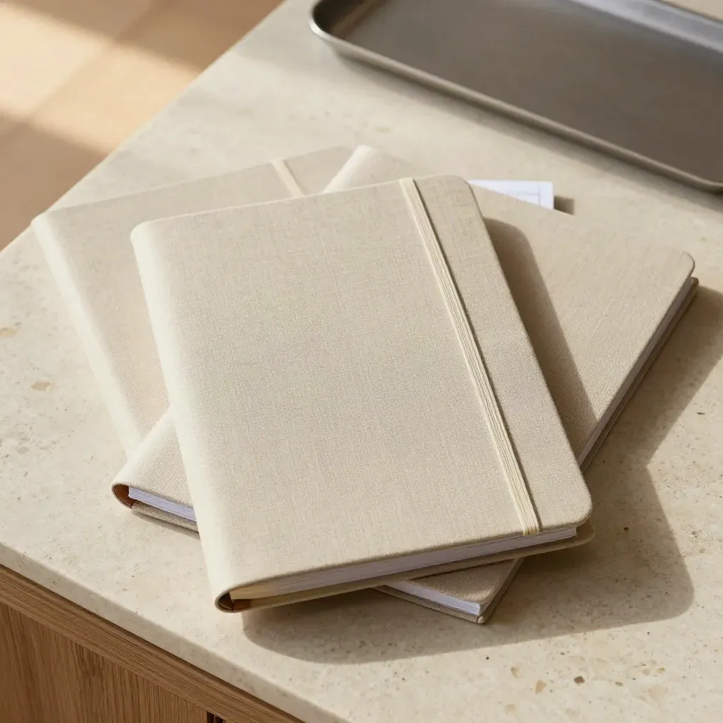 Flatlay of a linen employee handbook binder with two folders on travertine