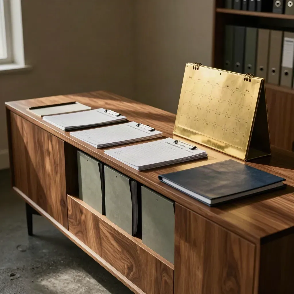HR review folders, face-down goal sheets, and a brass desktop calendar on a credenza.