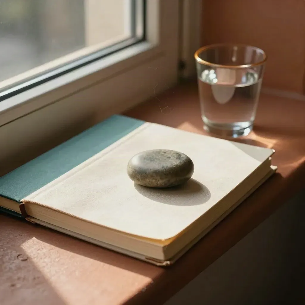 Closed notebook, stone paperweight, muted folder and water glass on a terracotta ledge.