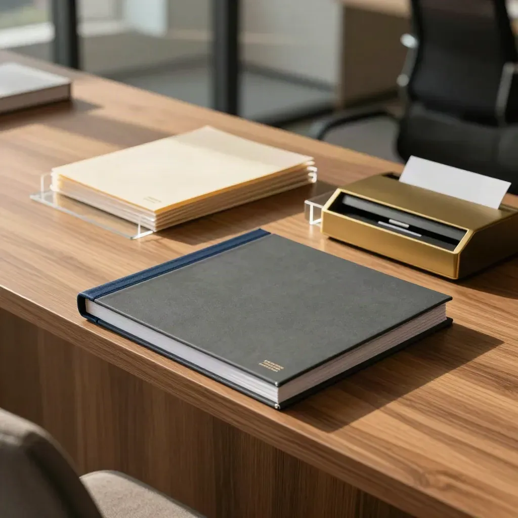 Handbook binder and intake folders on a Toronto office credenza in soft afternoon light.