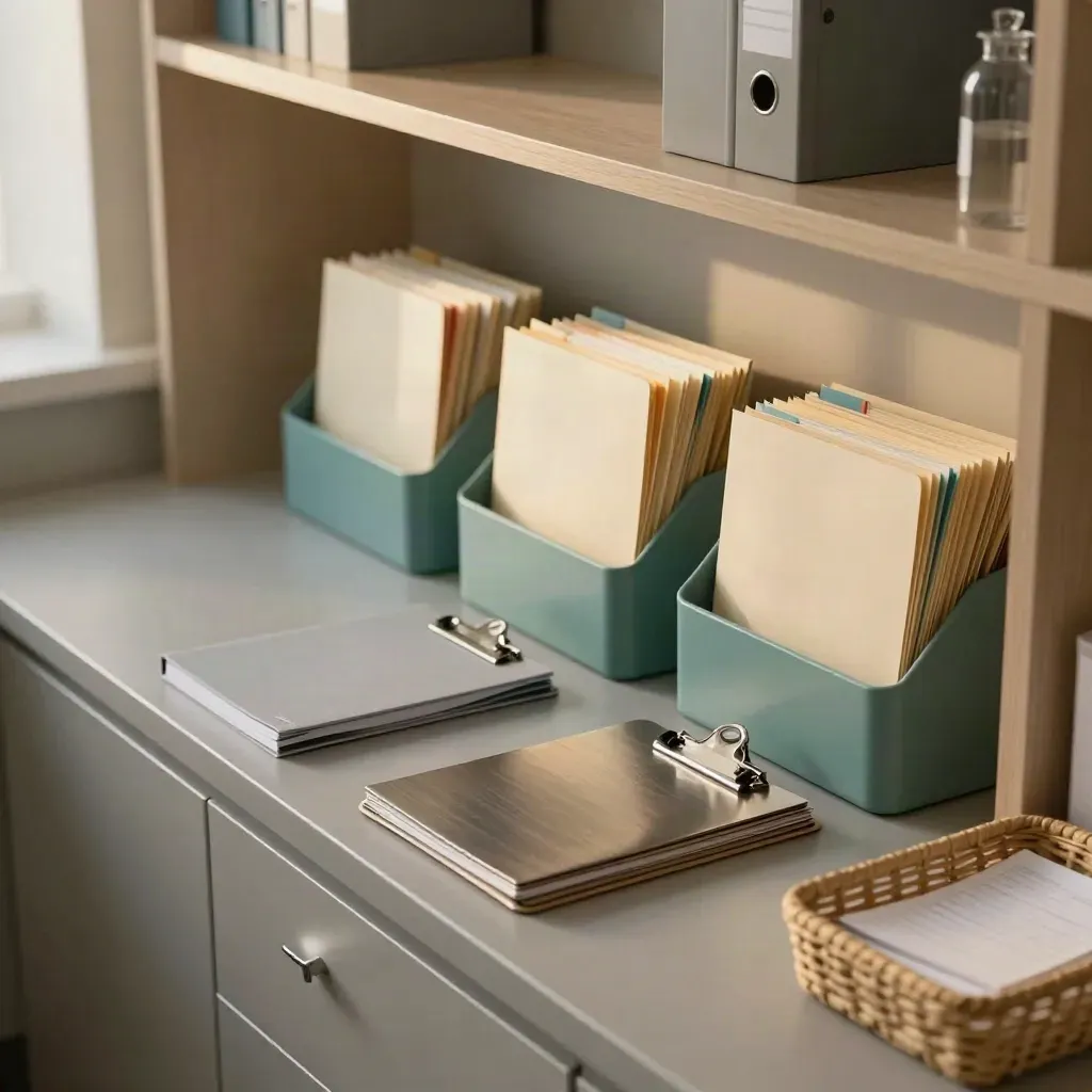 Clinic shelf with three onboarding trays, folders, and clipboards in a warm back-office scene.