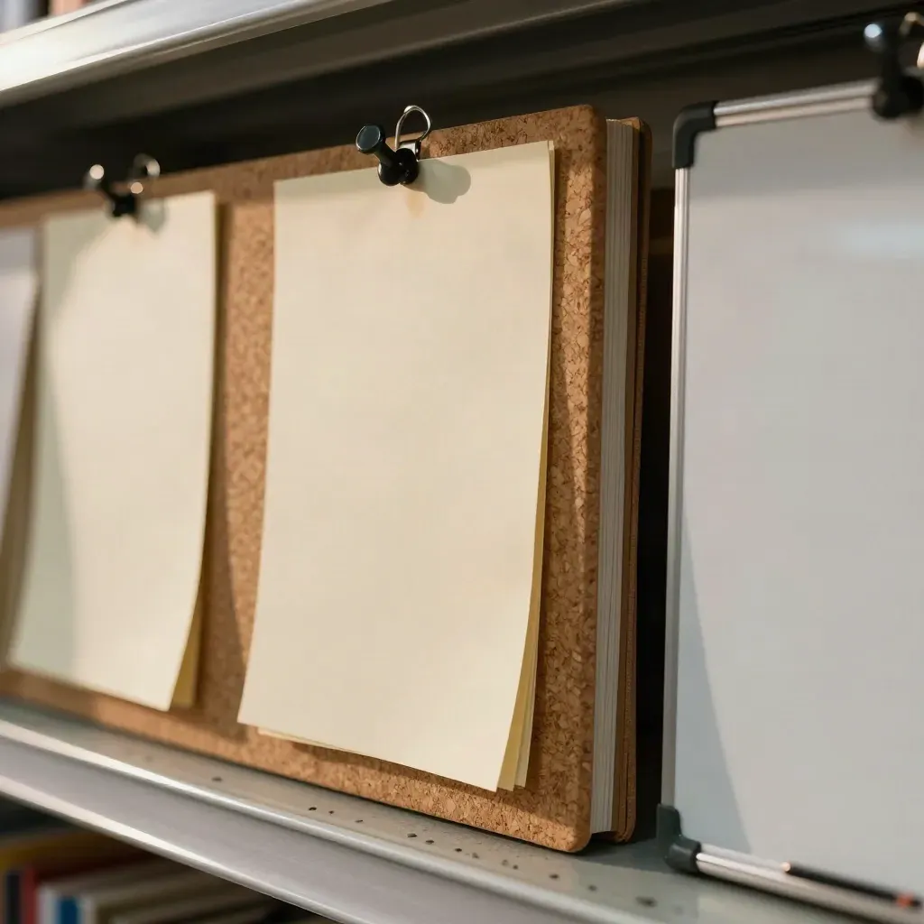 Macro of a retail back-room pinboard with blank cards, closed binder and turned whiteboard.