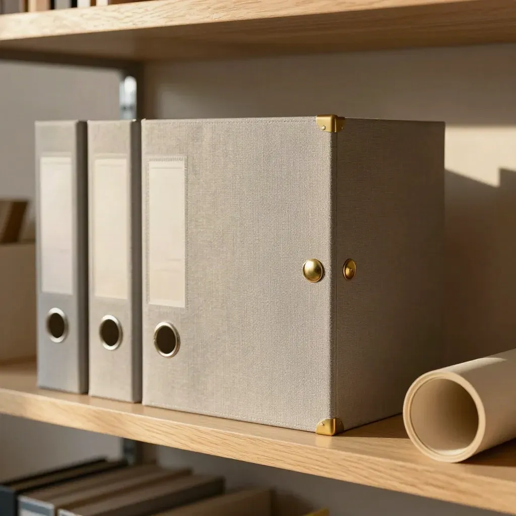 Policy binder set with matching file boxes and print tube on a warm studio shelf.