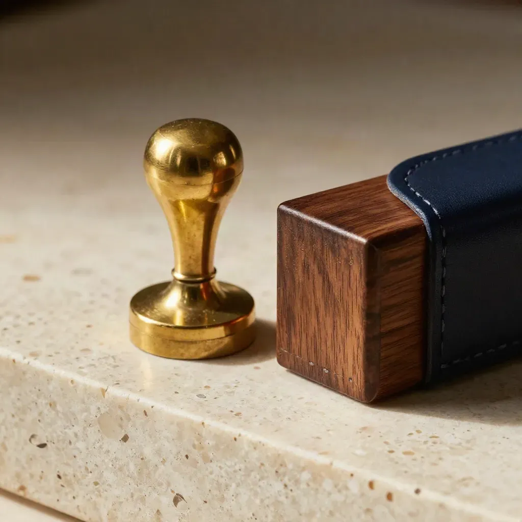 Macro still life of brass date stamp, walnut file box corner, and navy binder spine on travertine.