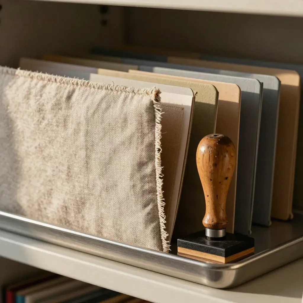 Linen folder sleeve, rubber stamp, and divider tabs on a felt-lined shelf in soft light.