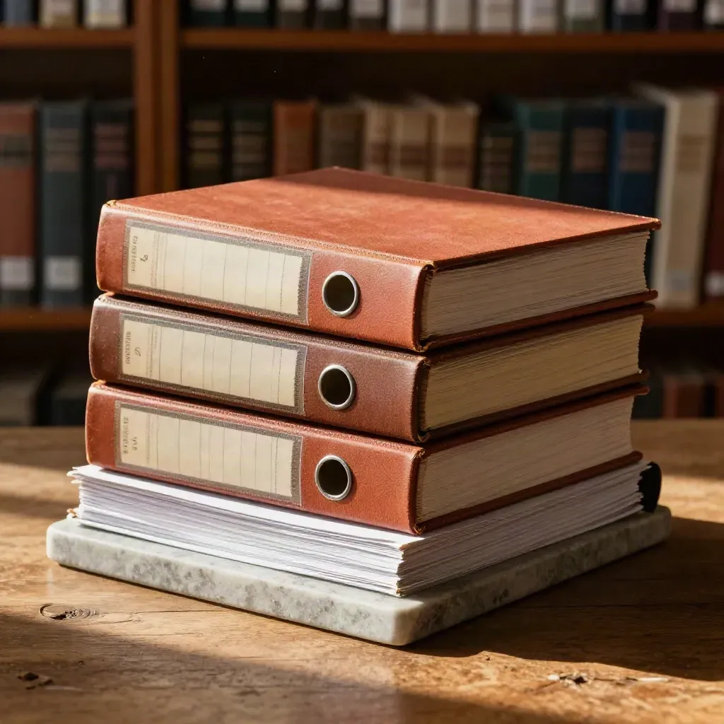 Closed compliance binders, turned tags and a paper block on an oak table in cool daylight.