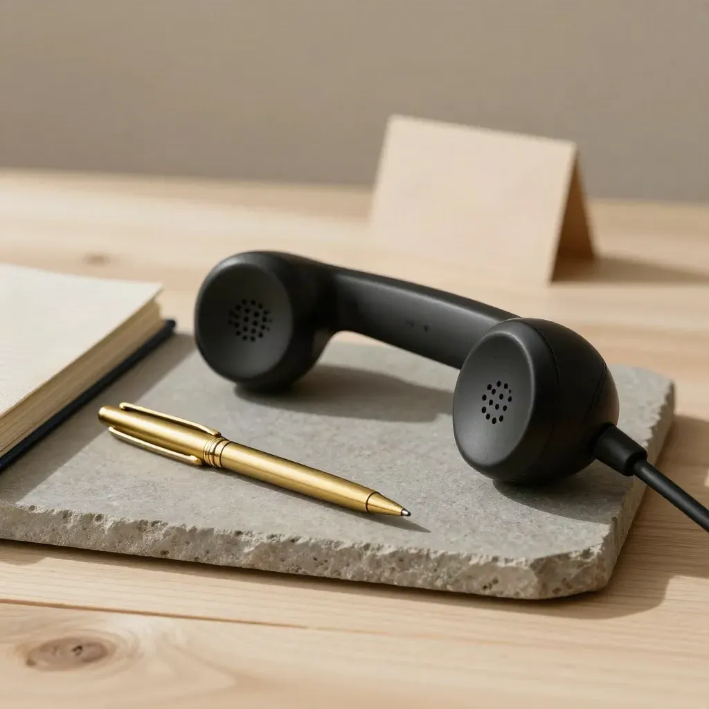 Matte black handset, closed notebook and brass pen on stone tray in soft side light.