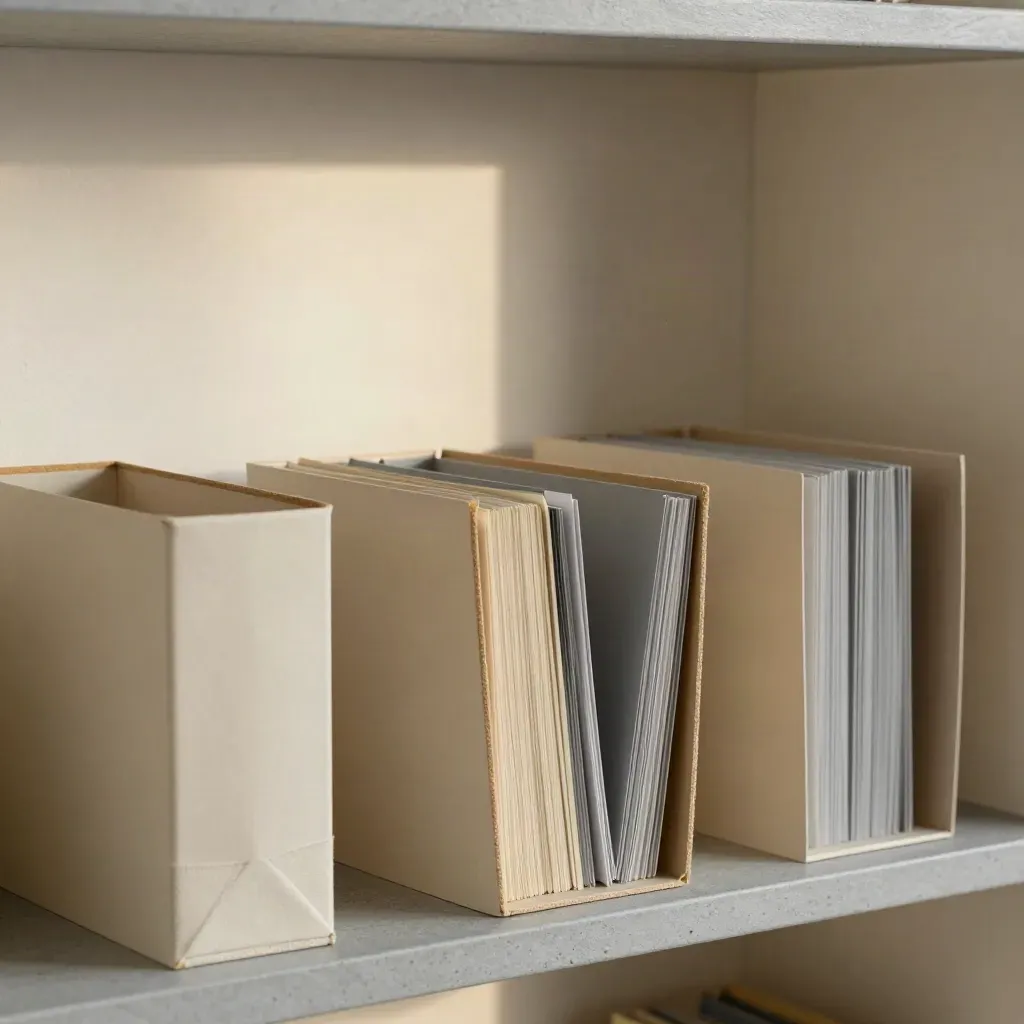 Open archival boxes and face-down folders on a shelf, with divider tabs turned away
