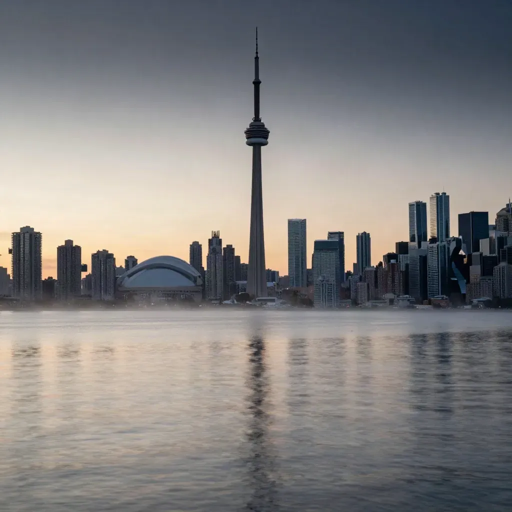 Toronto skyline with CN Tower above calm harbour water in evening mist