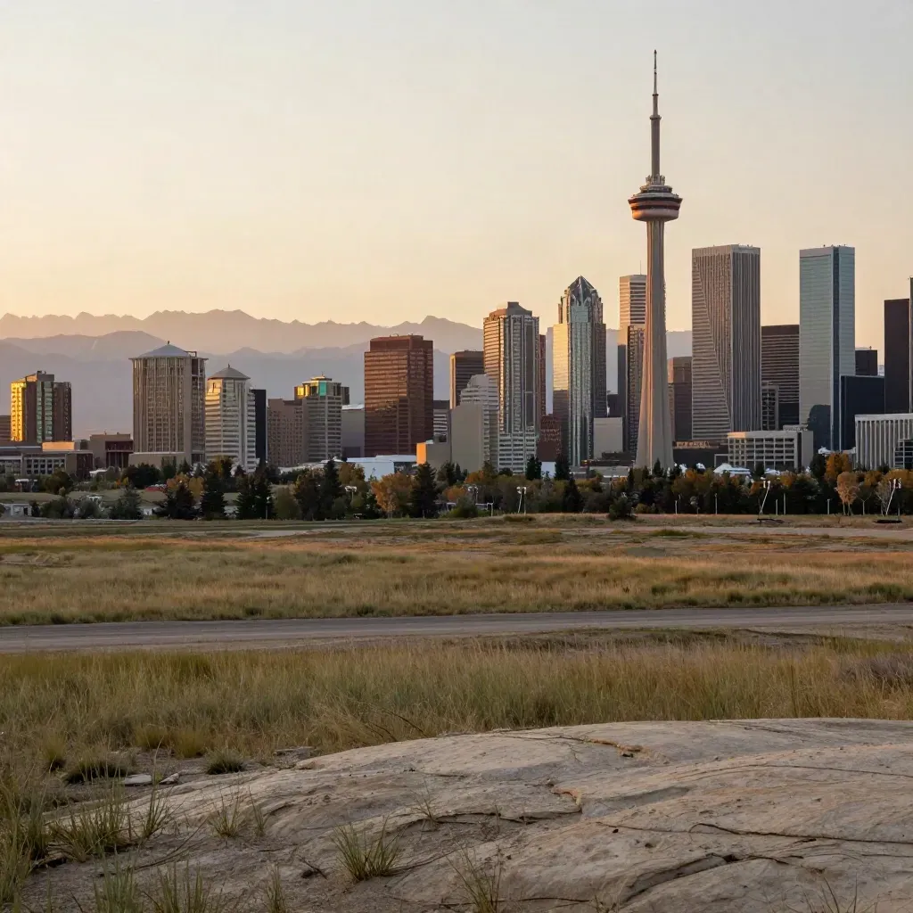 Calgary skyline at sunset with the Rockies faintly beyond over hazy prairie