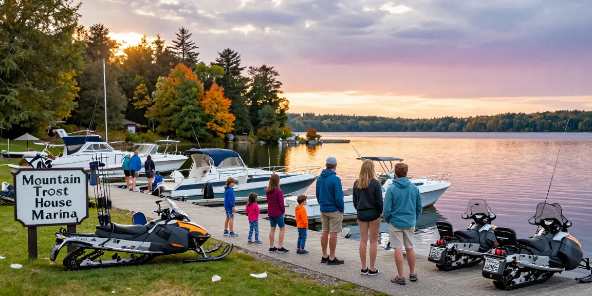 Kawagama lake marina scene with Slack-MacPherson family welcoming visitors and enjoying outdoor activities by the lake.